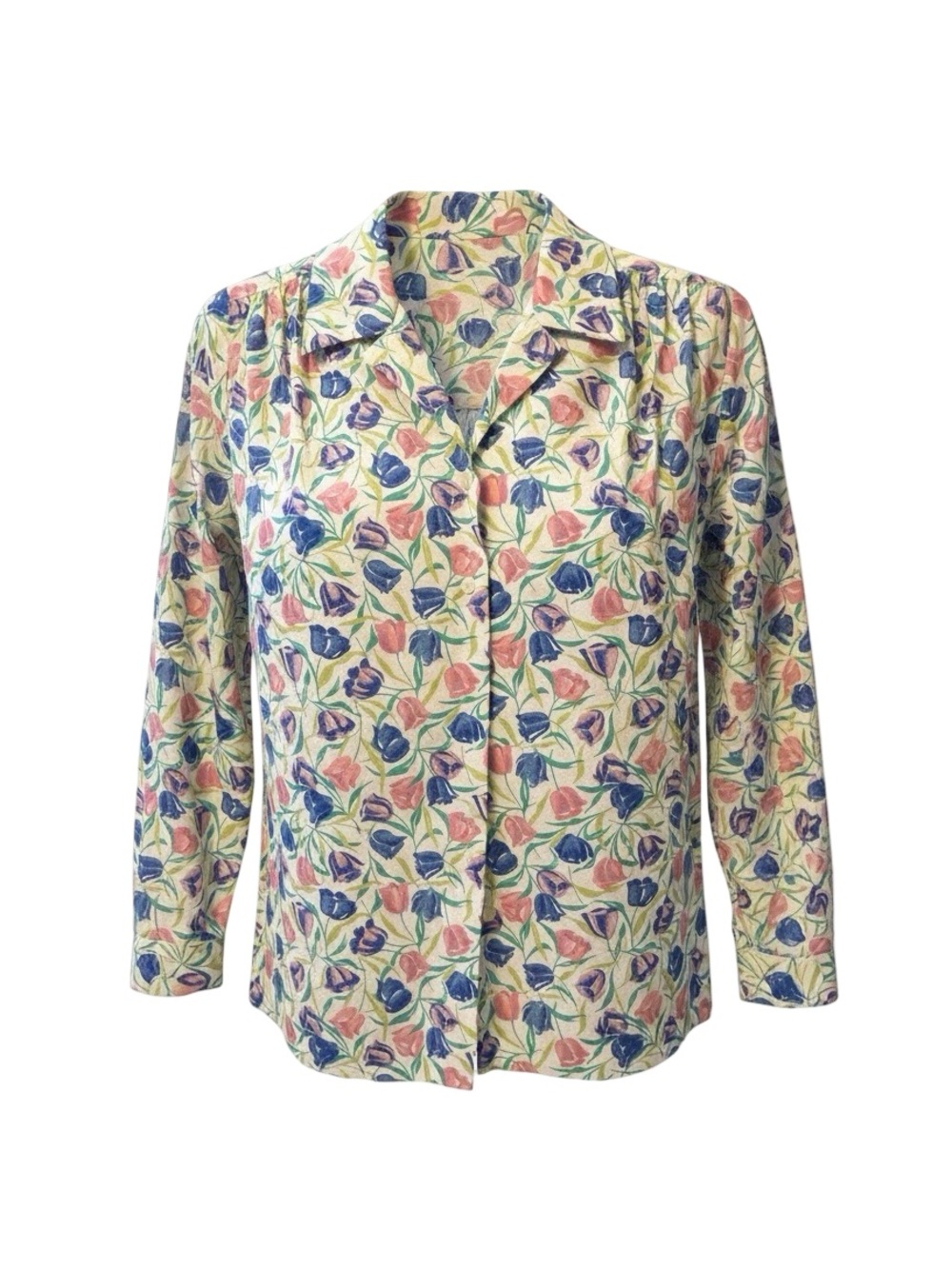 Floral Button-Front Women's Blouse in Cream with Blue & Pink Tulips